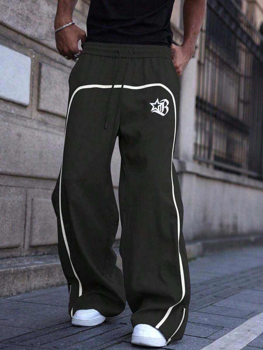Men's Wide Leg Printed Drawstring Waist Street Pants, Fall - màu đen - Xem 1
