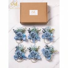 Meldel Dusty Blue Wrist Corsage Women, Set Of 6, Wedding Bridal Corsage Hand Flower Decor Prom Corsages Party Homecoming, Wristband Flowers Bride Bridesmaid Girl Mother Wristlet Dcor - 6 chiếc vòng hoa đeo cổ tay màu xanh dương - Xem 7