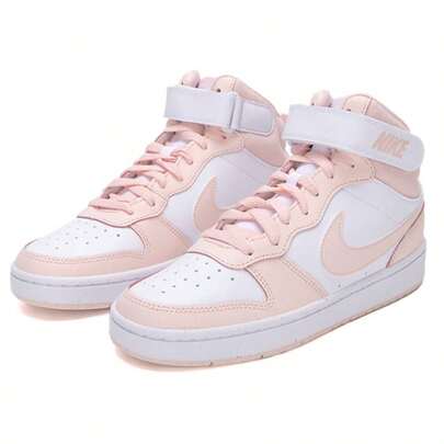  Nike Court Borough 中帮厚底耐磨滑板鞋，白色和粉色，女士休闲日常鞋，CD7782-122