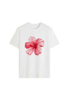 Set de 3 camisetas de manga corta con cuello redondo, estampado de flores, estrellas de mar y conchas, de estilo casual y veraniego, versátiles y adecuadas para usar en la playa o de vacaciones - Azul marino, blanco y albaricoque - Ver 6