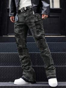 Men's Flared Jeans, Slim Fit Distressed Flare Leg Jeans, Y2K Stacked Jeans, Contrast Wash Embroidered Jeans, Suitable For All Seasons - Black - View 8