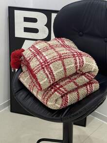 1pc Knitted Blanket, Throw Blanket, Towel Blanket, Suitable For Office Nap, Sofa, Air Conditioning, Afternoon Rest - Red Stripes With a Ball - View 3