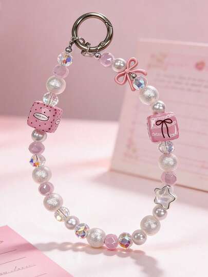 1pc Ladies' Cute Pink Bow Pearl Crystal Mobile Phone Hanging Rope, Ins Style Sparkling Summer Girl Y2K Style Mobile Phone Hanging Rope Bag Accessories Travel Phone Case Accessories