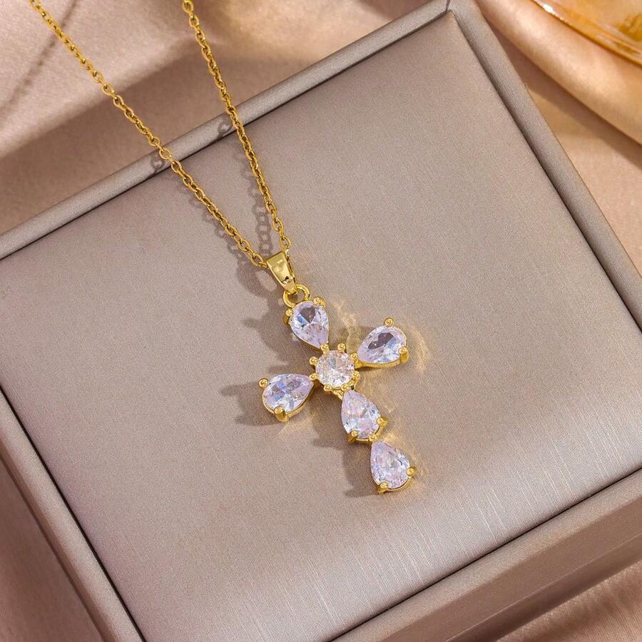 1 chiếc dây chuyền mặt thánh giá mạ vàng 18K sang trọng đính đá Zirconia lấp lánh, dây chuyền choker bằng thép không gỉ thời trang, phù hợp cho phụ nữ đeo hàng ngày. - 40+5cm - Xem 1