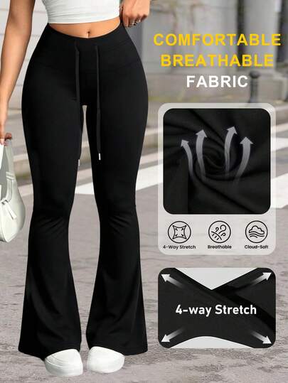 Women's Drawstring Flare Pants, High Waist Elastic Skinny Leggings, Fashionable Casual Yoga Jogging Sports Pants, Soft And Comfortable Fabric, Suitable For Daily Yoga, Running, Cycling