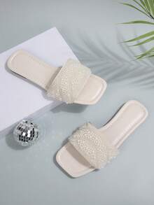 2026新款法式水晶装饰方头平底凉鞋，优雅套脚设计，适合搭配连衣裙，春夏秋季皆宜。 - 米色 - 查看 11