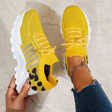 Fashion Leopard Print Lace-Up Trainers. Lightweight Mesh, Cushioned Sole And Flexible Design, Comfy For Gym, Walking And Everyday Casual Wear. - Yellow - View 5
