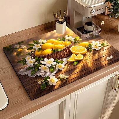 1件黄色柠檬图案吸水沥水垫，厨房装饰，咖啡机垫，手工咖啡壶沥水垫，厨房地垫，桌面垫，餐具沥水垫，早餐垫，防滑耐热沥水垫，杯垫，洗衣机垫，硅藻土沥水垫，遮盖污渍，超强吸水厨房垫，易清洁碗碟架垫，适用于厨房、餐桌、咖啡店、酒吧、节日、派对、家居装饰、母亲节礼物