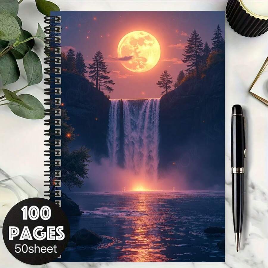 100-Page Dreamy Fantasy Spiral Notebook, Cover Featuring Magnificent Waterfall Under Full Moon, Satisfying Work, Study, And Diary Needs. Ideal For School, Graduation, Birthday Gifts. - L - View 1