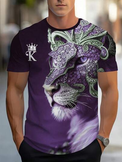 男士3D狮子钻石印花T恤 - 活力四射、柔软舒适、时尚百搭的夏季休闲T恤，适合度假和户外活动，舒适贴身，打造休闲风格，轻盈透气设计