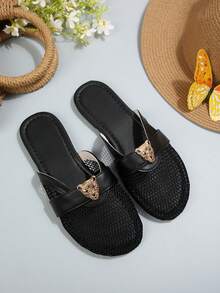 Black Round Toe Slip-On Flat Sandals, Metal Leopard Head Buckle Fishnet Material Strap Women's Toe-Ring Beach Slippers, Elegant Casual Versatile Summer New Style - Black - View 9
