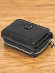 Cute Foldable Short PU Wallet, Zipper Closure, Large Capacity Card Holder, Fashion Young Women Coin Purse - Black - View 1
