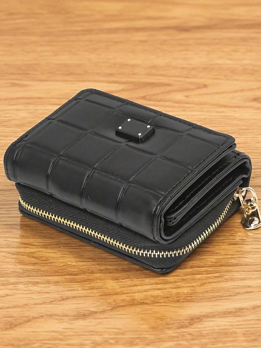Cute Foldable Short PU Wallet, Zipper Closure, Large Capacity Card Holder, Fashion Young Women Coin Purse - Black - View 1