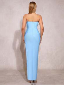 Modphy Đầm maxi cúp ngực, xẻ cao đến đùi, đính đá lấp lánh, thích hợp làm đầm phù dâu cho đám cưới và tiệc tùng. - Màu xanh nhạt - Xem 10