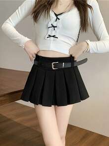 高腰百褶迷你裙，显瘦防走光A字裙，女士秋冬春季款 - 黑色 - 查看 4