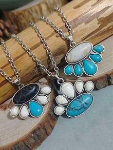 女士新款休闲西部牛仔风格绿松石吊坠，适合日常佩戴 - 水滴 - 查看 10