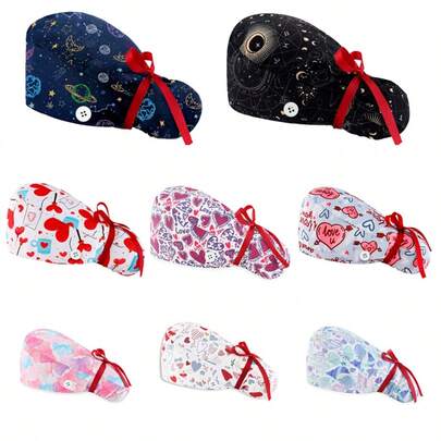 1pc Fashionable & Lovely Heart-Shaped Long Hair Nurse Cap, Women's Surgical Cap, Printed Work Hat, Nursing Accessory, Ponytail Work Cap With Sweatband, Breathable, Side Ear Hooks, Bow Tie Adjustable Design, Suitable For Nurses, Doctors, Medical Students, Interns, Beauty Salons, Veterinarians, Seasonal Wear