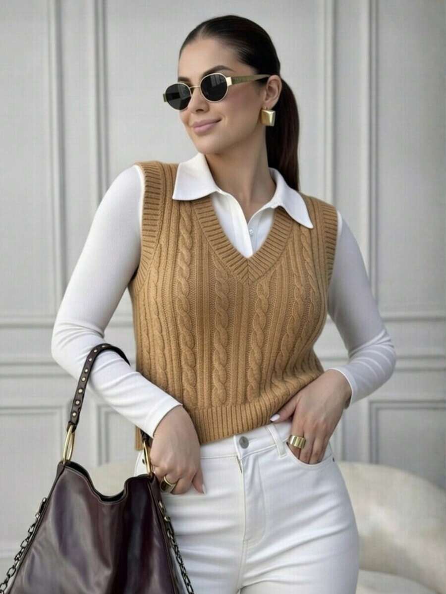 Elegant Women's Vest Blouse - New Release - Beige - View 1
