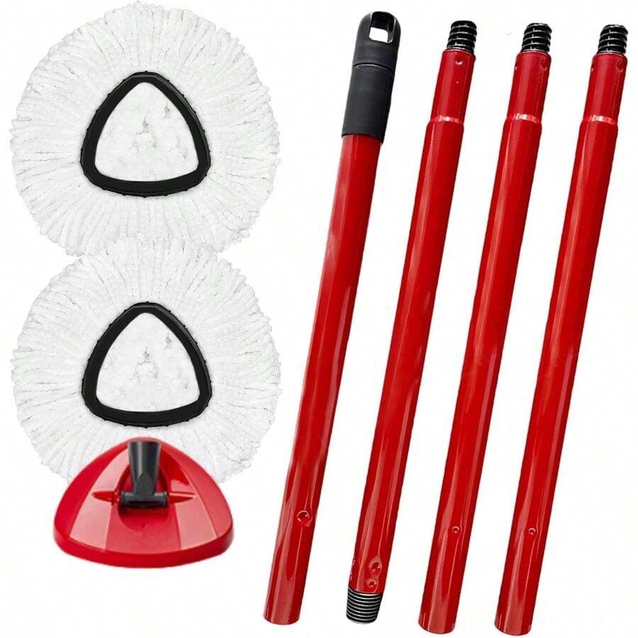 Spin Mop OCeda EasyWring Microfiber Spin Mops, 2 Microfiber Mop Refills 4 - Section 30 - To - 58 Inch Mop Stick And 1 Base Combo Set (White(1 System) - 2 Refills+1 Base+1 Handle(1 Tank System) + Red - View 1