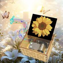 手摇木质音乐盒 - “你是我的阳光”向日葵图案，镌刻“做一朵向日葵，创造你自己的阳光”励志名言，无需电池，送给爱人的完美礼物 - 復古向日葵音樂盒 - 查看 8