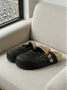 Women's Black Woven EVA Mary Jane Clogs, Breathable Summer Slip-On Sandals With Beige Adjustable Strap - Black - View 3