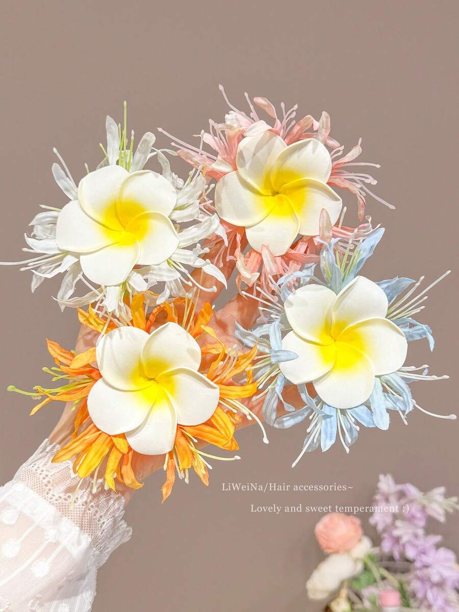 1pc/4pcs Spring & Summer New Faux Plumeria Hair Clips, Beach Vacation Style Side Bangs Duck Clip Hair Accessories