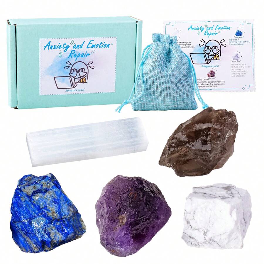 5件套天然紫水晶和透石膏脉轮水晶石套装 – 灵气疗愈瑜伽宝石收藏礼盒