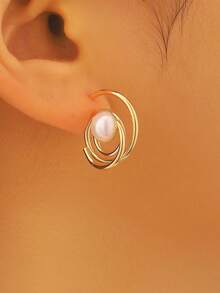 时尚简约镂空圆环珍珠耳环，自由复古设计 - 低过敏性，手工制作，个性耳环，母亲节礼物 - 彩色 - 查看 10