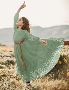 2026 Girls Elegant Lace Flower Boho Dress Long Sleeve Backless Square Neck Ruffle Party Maxi Dress - 06 淺綠色 - 查看 3