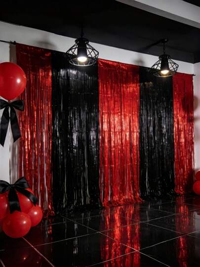 4 piezas de borlas de cinta brillante en contraste negro y rojo, decoración de fondo para fiestas, cintas colgantes para escenario de boda y fiesta de cumpleaños, decoración de ambiente festivo, cintas de empalme de alta gama en rojo y negro, adecuadas para fiestas/bodas/celebraciones/decoración de habitaciones