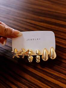 2-8 pares de pendientes dorados con relieve para mujeres, que golpean directamente el punto estético - patrón de concha, flores retorcidas, pliegues metálicos, cada par viene con un filtro lujoso... Excelente calidad, que combina bien con abrigos y suéteres, de moda y versátil - Dorado - Ver 4