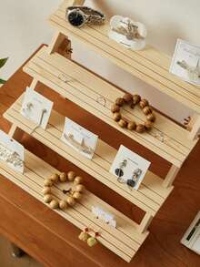 1pc Wooden Stepped Jewelry Display Stand, Creative Earring Ring Necklace Organizer, Multi-Layer Jewelry Holder, Tabletop Display Rack For Live Streaming, Craft Collection - Beige - View 3