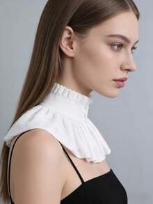 1 Pc White Luxurious Pearl Buckle Design With A Shawl Like Fake Collar, Elastic Neck Protection, Pleated Stand Collar, And Lace Cape On The Outside - White - View 4