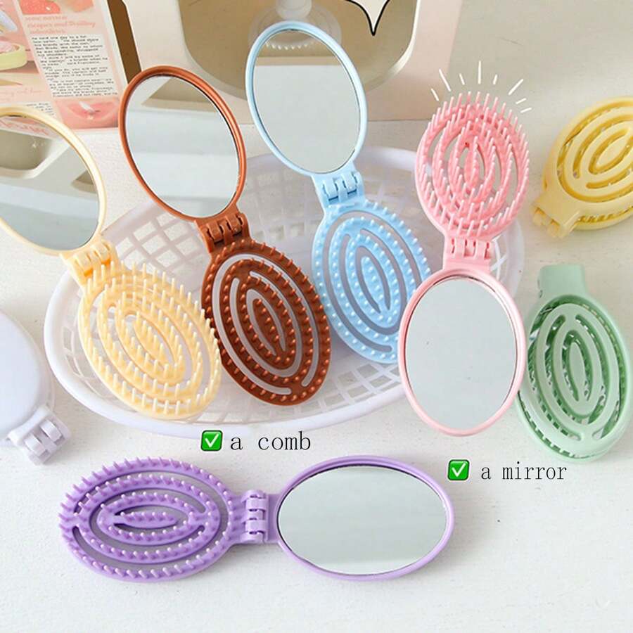 1pc Fashion Foldable Hair Brush For Women, Detangling Massage Comb With Compact Mirror - Type a - View 1