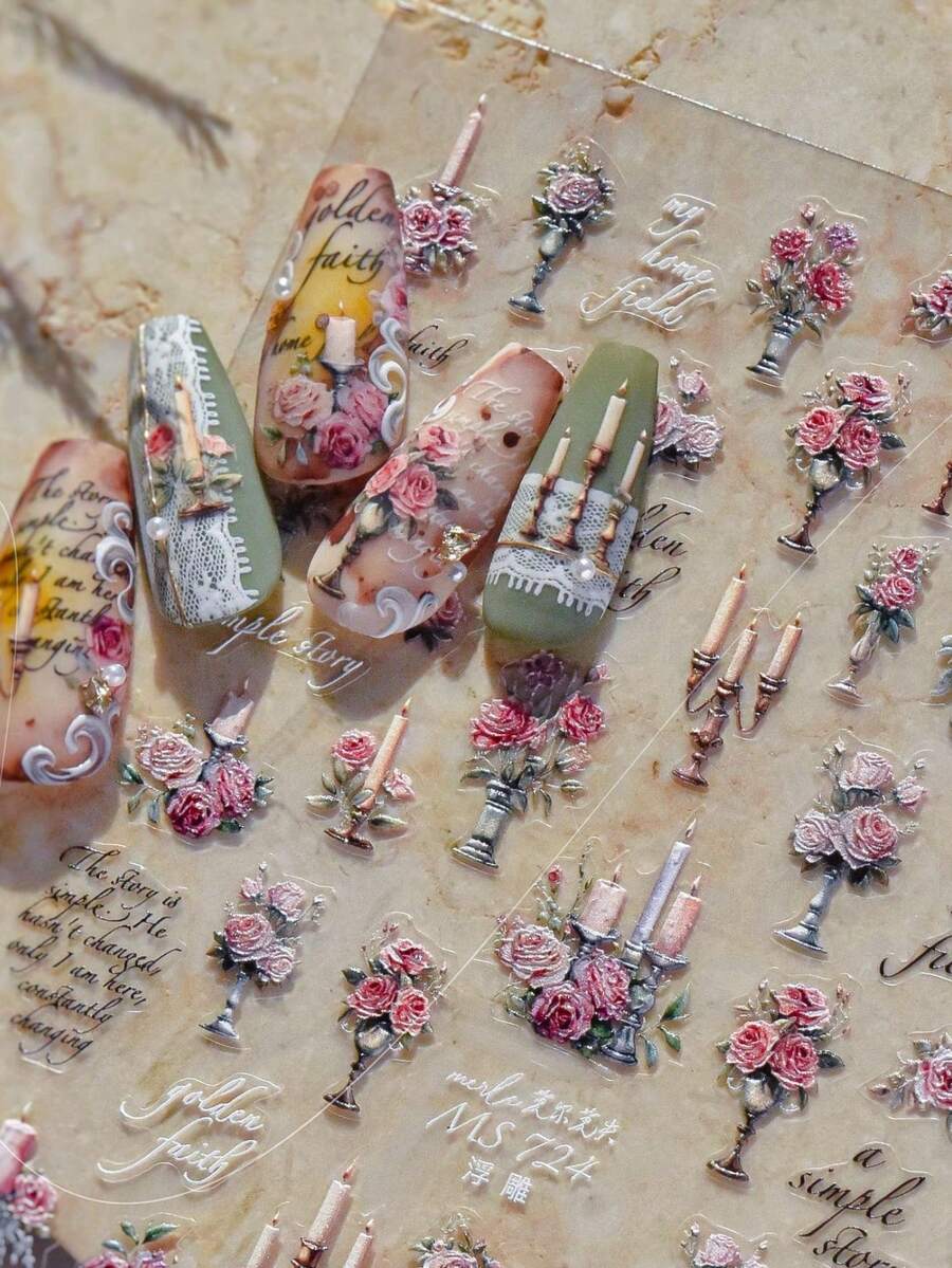 1pc Romantic Candleholder Lace Climbing Rose Pink Candlestick Ribbon Adhesive Nail Art Stickers Shining Nail Stickers - Multicolor - View 1