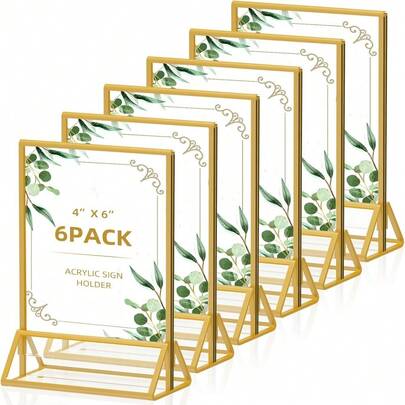 6pcs Transparent Acrylic Sign Holder With Gold Frame And Vertical Stand, 4"X6" (10x15cm) - Double-Sided Tabletop Menu Display Stand For Wedding Table Numbers, Restaurant Signage, Photo And Art Exhibition
