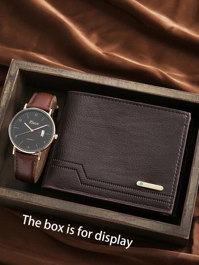 2pcs Men's Lightweight Versatile Wallet + Minimalist Casual Watch Set, Perfect Gift For Father's Day, Birthday, Anniversary