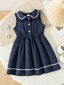 Girls' Casual Solid Color Sleeveless Button Decor Flared Hem Knee-Length Dress, Spring/Summer - Navy Blue - View 1