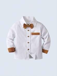 BOARNSEORL 2 piezas Conjunto de caballero para niños pequeños - Camisa blanca con pajarita y pantalones con tirantes caqui, elegante y apropiado para baby shower, fiesta de cumpleaños, boda, atuendo formal de pajecito - Caqui - Ver 6