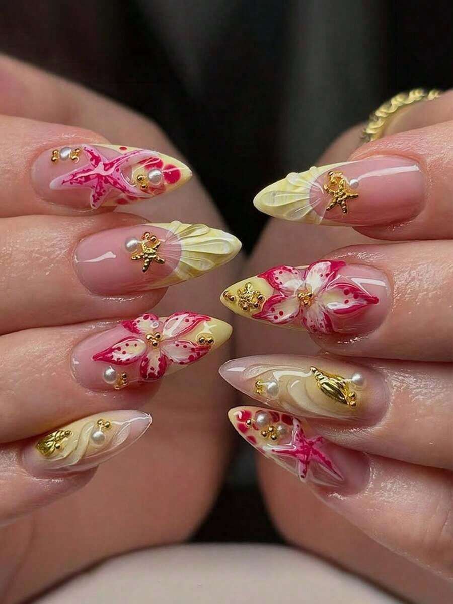 24 Pcs/Set French Almond Shape Ocean Style Elegant 3D Shell Water Drop Golden Line Sweet Pressure Type Full Cover False Nails With 1 Pc Jelly Gel And 1 Pc Nail File, Adding A Romantic Touch To Make You Look Sweet, Suitable For Daily Dates Nail Supplies Nails - 多色 5 - 查看 1