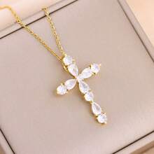1 chiếc dây chuyền mặt thánh giá mạ vàng 18K sang trọng đính đá Zirconia lấp lánh, dây chuyền choker bằng thép không gỉ thời trang, phù hợp cho phụ nữ đeo hàng ngày. - 40+5cm - Xem 7