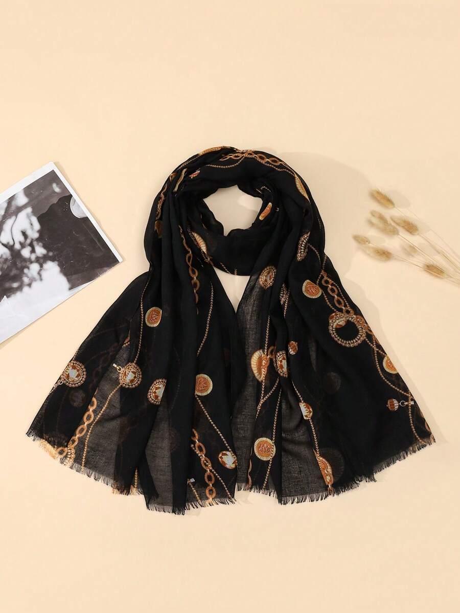 1pc Women's Versatile Black Chain Print Scarf, Daily Wear Fashionable Scarf - Multicolor - View 1