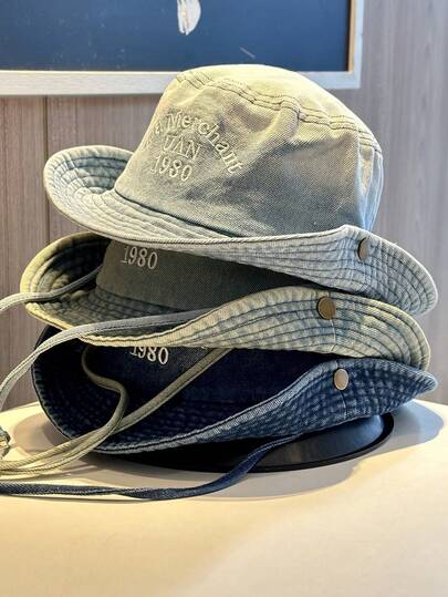 1pc Unisex Letter & Number 1980 Embroidered Washed Casual Bucket Hat With Wind Cord, Suitable For Outdoor, Hiking, Fishing, Beach, Cycling, Travel