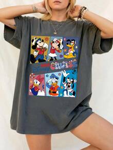 Disney UNIHLO  Mickey Mouse Standard Character   Printed Summer Heavyweight Retro Washed Street Fashion Casual T-Shirt - 黑色 - 查看 2