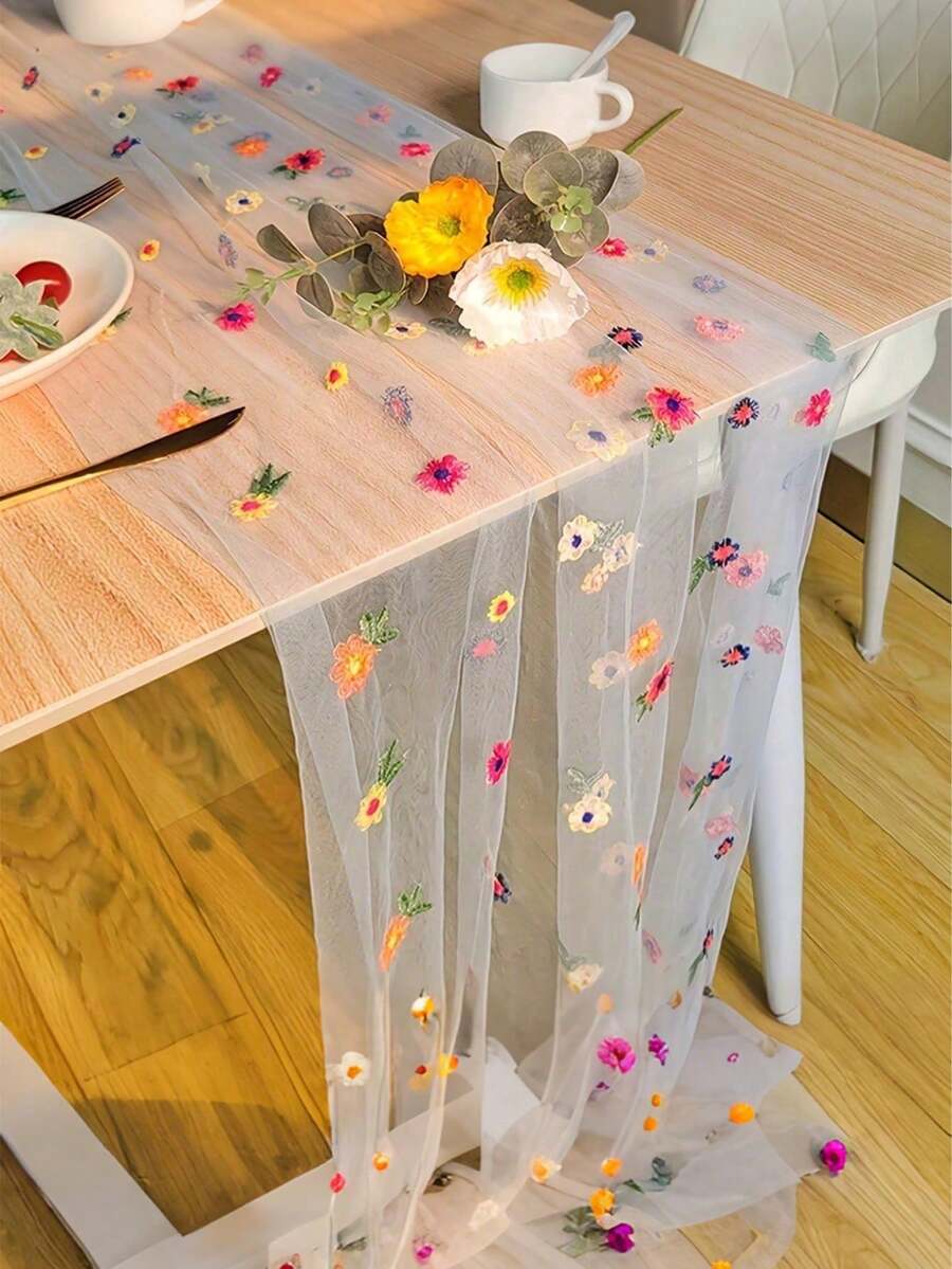 1Pc Floral Embroidered Table Runner, Featuring Colorful Mini Flowers And A Semi-Transparent Mesh Fabric, In A Rustic And Refreshing Style, Suitable For Bedroom, Living Room, Party, And Wedding Table Decoration. - 11.81*70.87英寸 - 查看 1