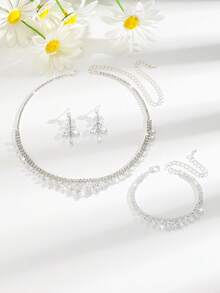 3pcs Shiny Korean Jewelry Set, Lotus Leaf Design, Suitable For Wedding Party Attire, Holiday Gift - White - View 6