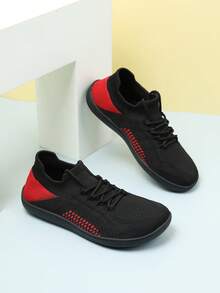 女士极简赤足跑步鞋 - 宽版彩色透气针织面料套脚圆头休闲鞋，减震橡胶鞋底，四季皆宜的舒适休闲鞋，时尚套脚设计，灵活穿着 - 黑色 - 查看 3