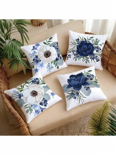4件套蓝白玫瑰图案枕套 - 涤纶材质，不含枕芯，适用于沙发、床、汽车和客厅装饰（不含枕芯）