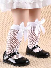 1双儿童蝴蝶结甜美可爱中筒网眼袜，镂空渔网女童袜，适合春夏穿着 - 彩色 - 查看 6