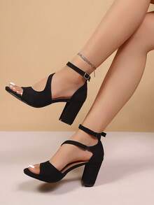 2026夏季新款女士黑色绒面革后跟高跟凉鞋，8厘米粗跟踝带露趾鞋 - 黑色 - 查看 5